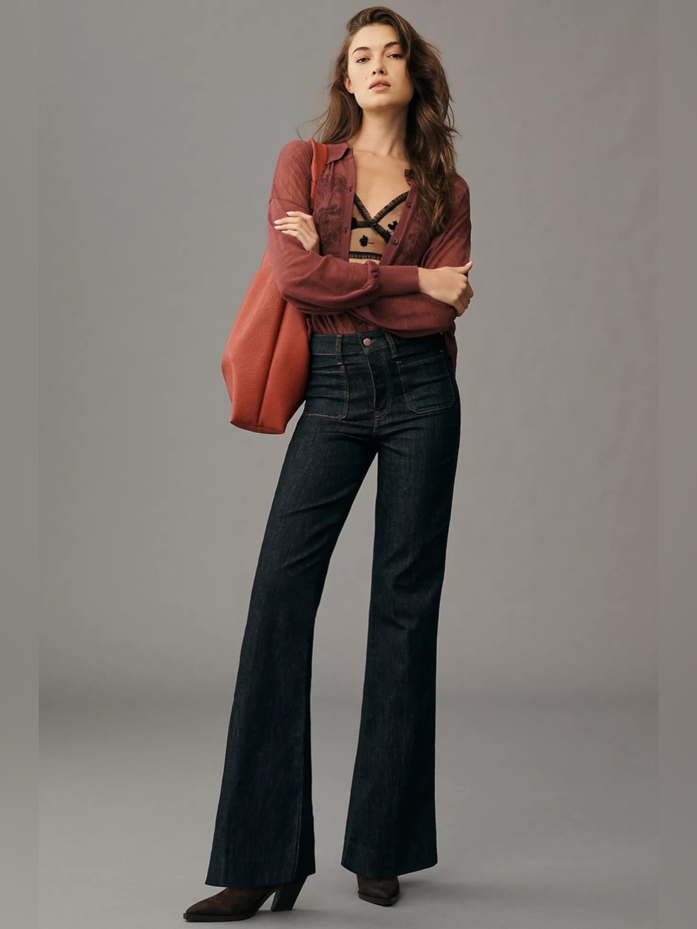 Maeve Anthropologie The Yaya Flare Jeans 31 Dark Indigo Blue Patch Pockets 70's